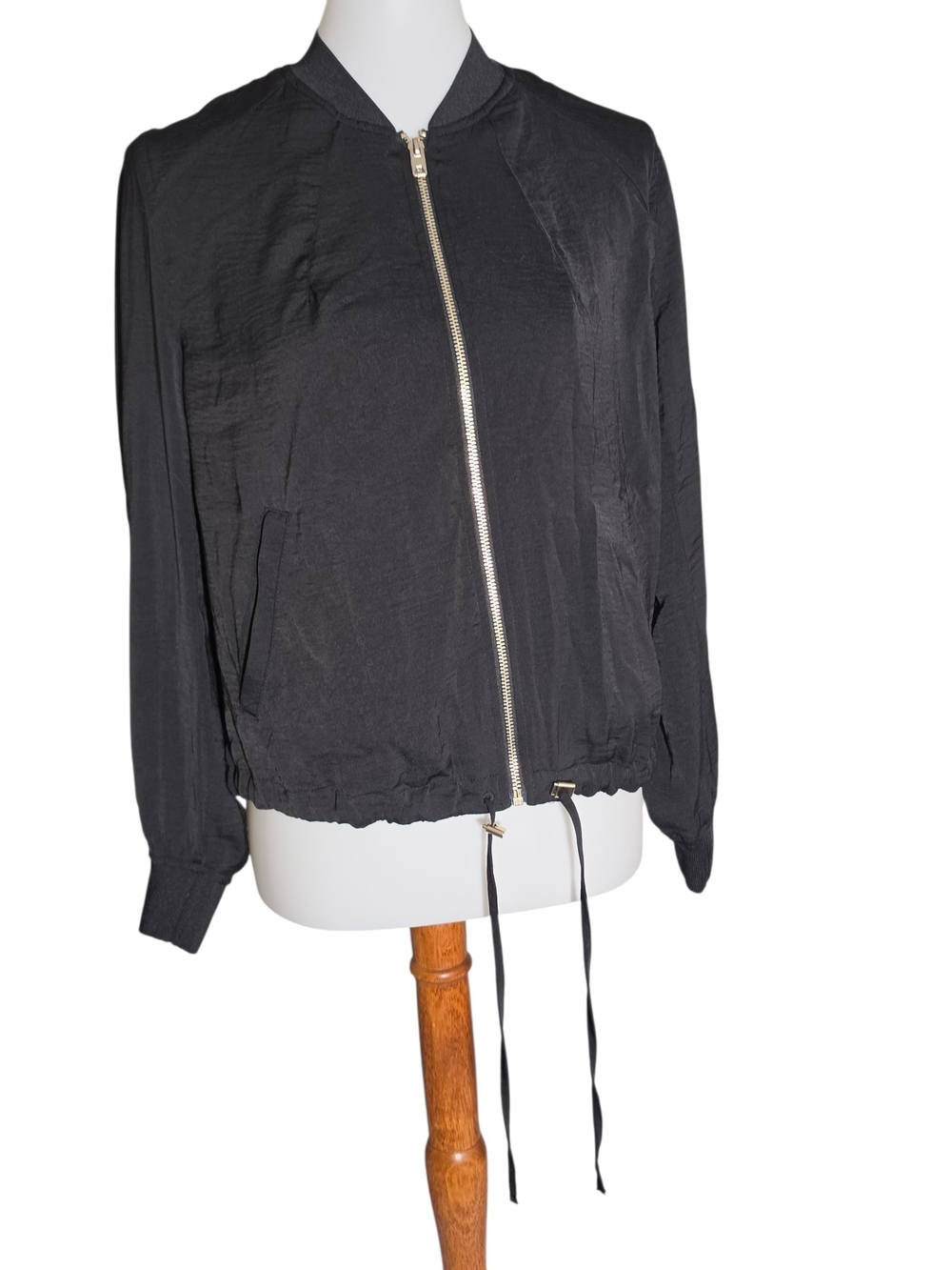 H&M Black Zip-Front Bomber Jacket with Drawstring